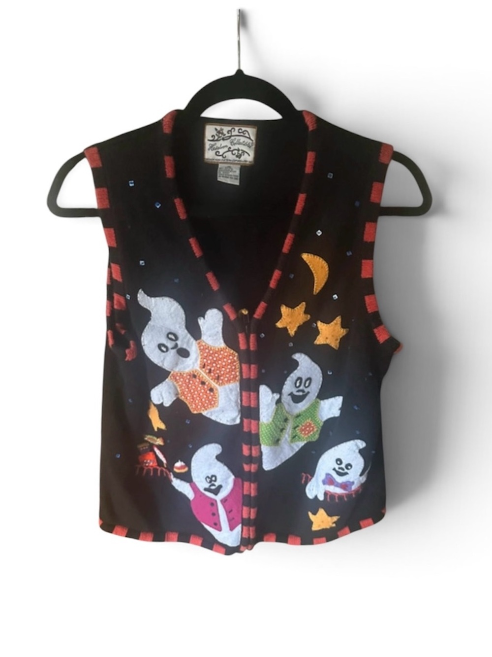 Vintage Heirloom Collectibles Halloween Cute Ghosts Knit Vest Candy Moon Stars M - Picture 2 of 9
